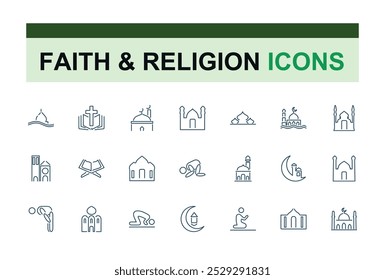 Conjunto de iconos de Religión y fe. Colección de iconos religiosos en estilo de línea. Relacionado con el Islam, cristiano, hinduismo, judaísmo. Trazo editable. Ilustración vectorial.