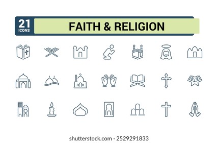 Conjunto de iconos de Religión y fe. Colección de iconos religiosos en estilo de línea. Relacionado con el Islam, cristiano, hinduismo, judaísmo. Trazo editable. Ilustración vectorial.