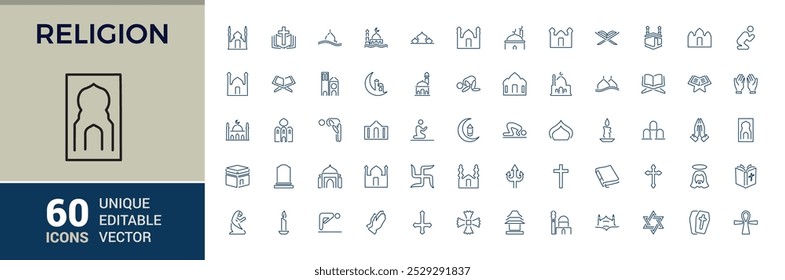 Conjunto de iconos de Religión y fe. Colección de iconos religiosos en estilo de línea. Relacionado con el Islam, cristiano, hinduismo, judaísmo. Trazo editable. Ilustración vectorial.