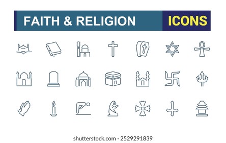 Conjunto de iconos de Religión y fe. Colección de iconos religiosos en estilo de línea. Relacionado con el Islam, cristiano, hinduismo, judaísmo. Trazo editable. Ilustración vectorial.