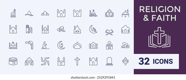 Conjunto de iconos de Religión y fe. Colección de iconos religiosos en estilo de línea. Relacionado con el Islam, cristiano, hinduismo, judaísmo. Trazo editable. Ilustración vectorial.