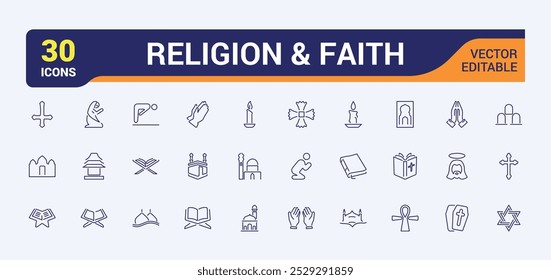 Conjunto de iconos de Religión y fe. Colección de iconos religiosos en estilo de línea. Relacionado con el Islam, cristiano, hinduismo, judaísmo. Trazo editable. Ilustración vectorial.