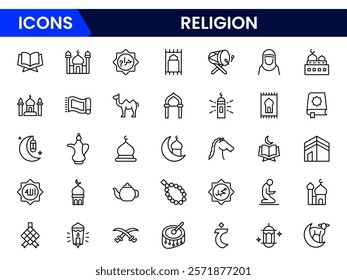 Religion and faith icon set. Religious icon collection in line style. Related to Islma, Christian, Hinduism, Judaism.