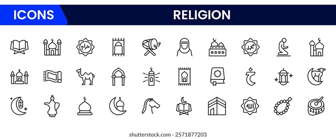 Religion and faith icon set. Religious icon collection in line style. Related to Islma, Christian, Hinduism, Judaism.