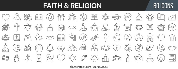 Sammlung von Symbolen der Religion und Glaubenslinie. Das große UI-Icon wird in einem flachen Design gesetzt. Paket mit den Symbolen der dünnen Umrisse. Vektorgrafik EPS10