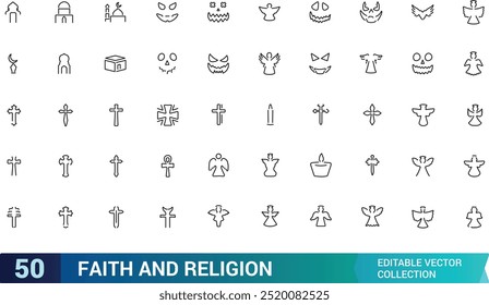 Religion and faith line icons collection. Big UI icon set in a flat icons set. Thin outline icons pack. editabale stroke icons set.