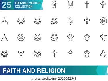 Religion and faith line icons collection. Big UI icon set in a flat icons set. Thin outline icons pack. editabale stroke icons set.