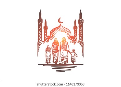 Religion, family, muslim, arabic, islam, mosque concept. Hand drawn traditional muslim family with kids concept sketch. Isolated vector illustration.