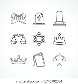 religion flat icon set with holy bible, church, grave, libra