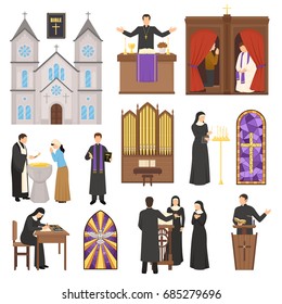 Religion flat set with cathedral interior elements priest and nun isolated on white background vector illustration