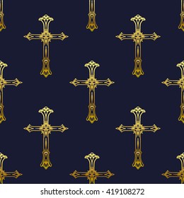 Religion gold cross icon. Vector stock illustration. Seamless black background with gold crosses pattern.