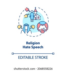 Religion hate speech concept icon. Human rights violation abstract idea thin line illustration. Negative attitudes toward differing beliefs. Vector isolated outline color drawing. Editable stroke