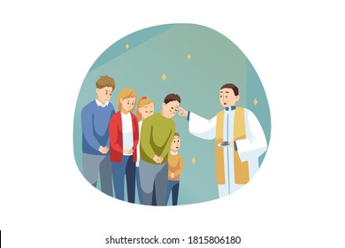 Religion, holiday, Bible, celebration concept. Young man guy priest receiveing communion of people men women parish in church celebrating Ash Wednesday. Religious lifestyle Lent beginning illustration