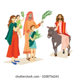 religion holiday palm sunday before easter, celebration of the entrance of Jesus into Jerusalem, happy people with palmtree leaves vector illustration, man Rides Donkey, family greetings Christ