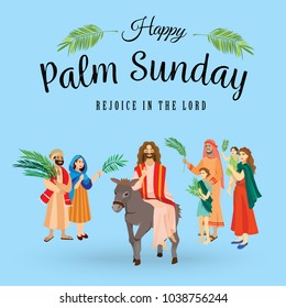 religion holiday palm sunday before easter, celebration of the entrance of Jesus into Jerusalem, happy people with palmtree leaves vector illustration, man Rides Donkey, family greetings Christ