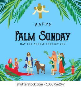 religion holiday palm sunday before easter, celebration of the entrance of Jesus into Jerusalem, happy people with palmtree leaves vector illustration, man Rides Donkey, family greetings Christ