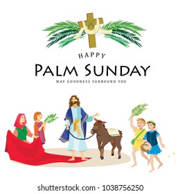 religion holiday palm sunday before easter, celebration of the entrance of Jesus into Jerusalem, happy people with palmtree leaves vector illustration, man Rides Donkey, childrens greetings Christ