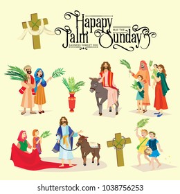 Religion Holiday Palm Sunday Before Easter, Celebration Of The Entrance Of Jesus Into Jerusalem, Happy People With Palmtree Leaves Vector Illustration,man Rides Donkey, Kids And Woman Greetings Christ