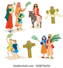 religion holiday palm sunday before easter, celebration of the entrance of Jesus into Jerusalem, happy people with palmtree leaves vector illustration,man Rides Donkey, kids and woman greetings Christ