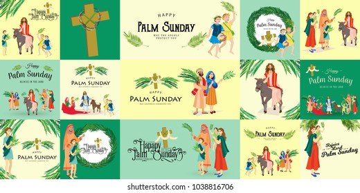 religion holiday palm sunday before easter, celebration of the entrance of Jesus into Jerusalem, happy people with palmtree leaves vector illustration, man Rides Donkey, family greetings Christ