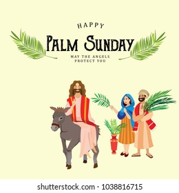 religion holiday palm sunday before easter, celebration of the entrance of Jesus into Jerusalem, happy people with palmtree leaves vector illustration, man Rides Donkey, man and woman greetings Christ