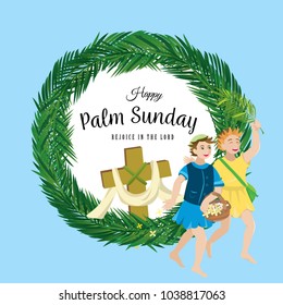 Religion Holiday Palm Sunday Before Easter, Celebration Of The Entrance Of Jesus Into Jerusalem, Happy Kids With Palmtree Leaves Vector Illustration, Childrens Greetings Christ