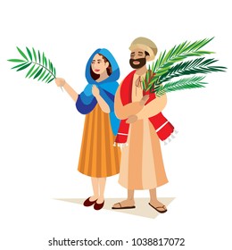 religion holiday palm sunday before easter, celebration of the entrance of Jesus into Jerusalem, happy people with palmtree leaves vector illustration, man and woman greetings Christ