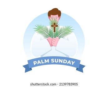 Religion holiday Palm Sunday before Easter. Happy people with palm tree leaves vector illustration. Can be used for greeting card, postcard, banner, poster, web, print, book, animation, etc