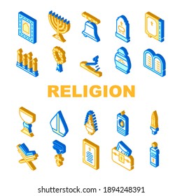 Religion Holy Praying Collection Icons Set Vector. Church Bell And Bible Book, Grave And Burial Urn, Candles And Lamp, Pectoral Cross And Prayer Isometric Sign Color Illustrations