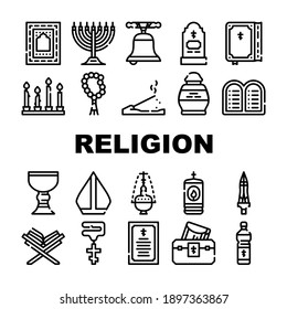 Religion Holy Praying Collection Icons Set Vector. Church Bell And Bible Book, Grave And Burial Urn, Candles And Lamp, Pectoral Cross And Prayer Black Contour Illustrations