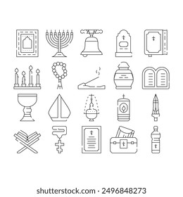 Religion Holy Praying Collection Icons Set Vector. Church Bell And Bible Book, Grave And Burial Urn, Candles And Lamp, Pectoral Cross And Prayer Black Contour Illustrations