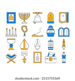 Religion Holy Praying Collection Icons Set Vector. Church Bell And Bible Book, Grave And Burial Urn, Candles And Lamp, Pectoral Cross And Prayer color Contour Illustrations