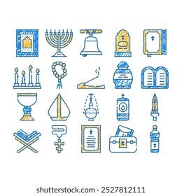 religion holy praying doodle icons set vector. sketch line art church bell and bible book, grave and burial urn, candles and lamp, pectoral cross and prayer color illustrations