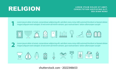 Religion Holy Praying Landing Web Page Header Banner Template Vector. Church Bell And Bible Book, Grave And Burial Urn, Candles And Lamp, Pectoral Cross And Prayer Illustration