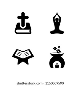 religion icon. 4 religion set with islam, candle, buddhist yoga pose and cross vector icons for web and mobile app