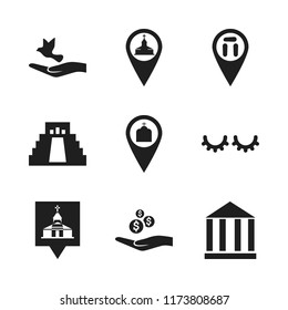 religion icon. 9 religion vector icons set. museum icon, monument pin and dove of peace icons for web and design about religion theme