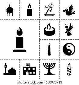 Religion icon. set of 13 filled religionicons such as mosque, spa building, aroma stick, candle, love bird, angel, yin yang