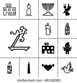 Religion icon. set of 13 filled and outline religion icons such as spa building, heart with wings, angel, candle, aroma stick, love bird