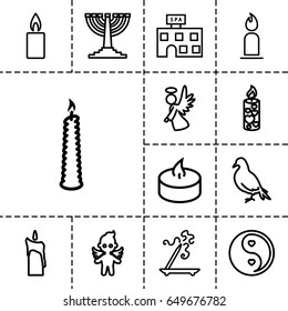 Religion icon. set of 13 outline religionicons such as dove, spa building, aroma stick, candle, angel, yin yang