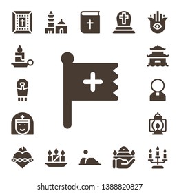 religion icon set. 17 filled religion icons.  Simple modern icons about  - Bible, Candle, Sarcophagus, Christian, Nun, Pagoda, Priest, Lantern, Sacred heart, Qutb minar, Candles