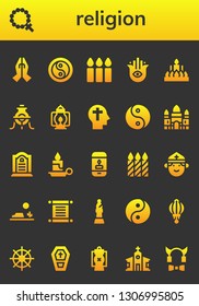 religion icon set. 26 filled religion icons.  Collection Of - Prayer, Rosary, Yin yang, Candles, Hamsa, Candle, Alchemy, Lantern, Faith, Angkor wat, Tombstone, Priest, Desert