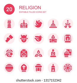 religion icon set. Collection of 20 filled religion icons included Lantern, Church, Dove, Doi suthep, Thailand, Devil, Arab, Chakra, Buddha, Oath, Pope, Turban, Pagan