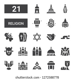 religion icon set. Collection of 21 filled religion icons included Last supper, Turban, Chakra, Agra, Dove, Traditional, Vatican, Church, Devil, Prayer, Judaism, Coffin, Voodoo
