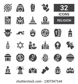 religion icon set. Collection of 32 filled religion icons included Angkor wat, Lantern, Badshahi mosque, Heaven, Buddha, Thailand, Yin yang, Jainism, Turban, Voodoo, Pope, Church