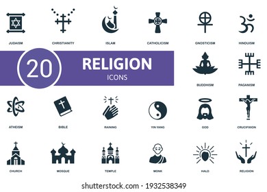 Religion icon set. Contains editable icons religion theme such as christianity, catholicism, hinduism and more.