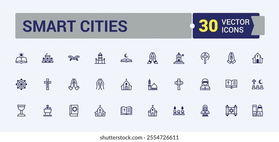 Religion icon set. Contains such icons as spirituality, grace, baptism, stroke, star and more. Simple web icons. Vector line and solid icons.