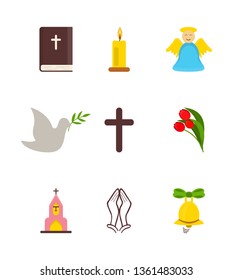 Religion icon set: holy bible, angel, dove, candle, cross, tulips, church, praying hands, bell. Icons are isolated on white. Vector illustration. EPS10