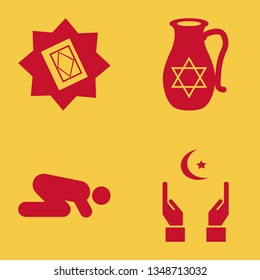 religion icon set with holy quran, jug with star of david and hands islam sign vector illustration