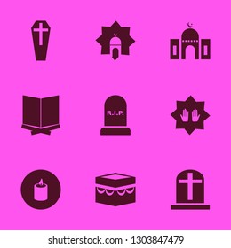religion icon set with islamic mosque, holy kaaba and coffin vector illustration