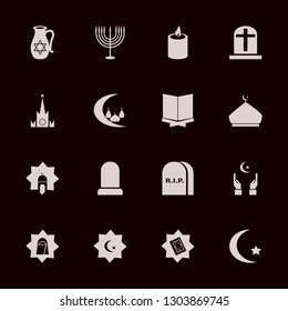 religion icon set with mosque, moscow kremlin watches and arab woman vector illustration